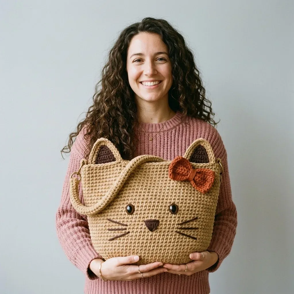 Crochet Kitty Face Tote Bag: Cozy Tan Cat Pattern β photo 2