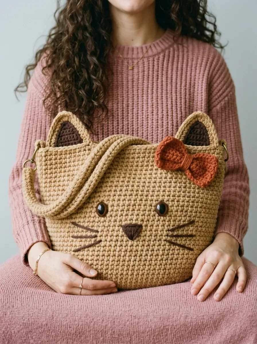 Crochet Kitty Face Tote Bag: Cozy Tan Cat Pattern β photo 3