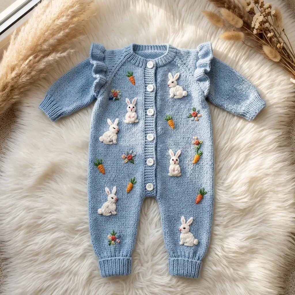 Buttoned baby romper with bunny appliques and ribbed trim