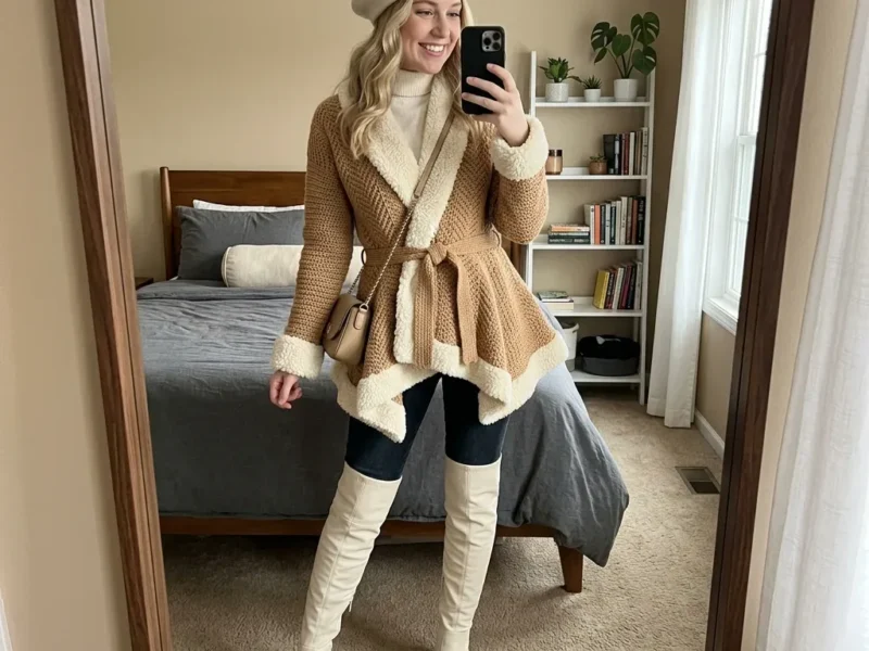 Camel tan cardigan with woven stitch and shearling trim