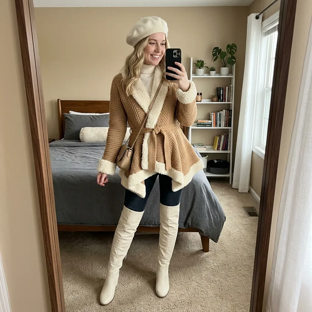 Camel tan cardigan with woven stitch and shearling trim
