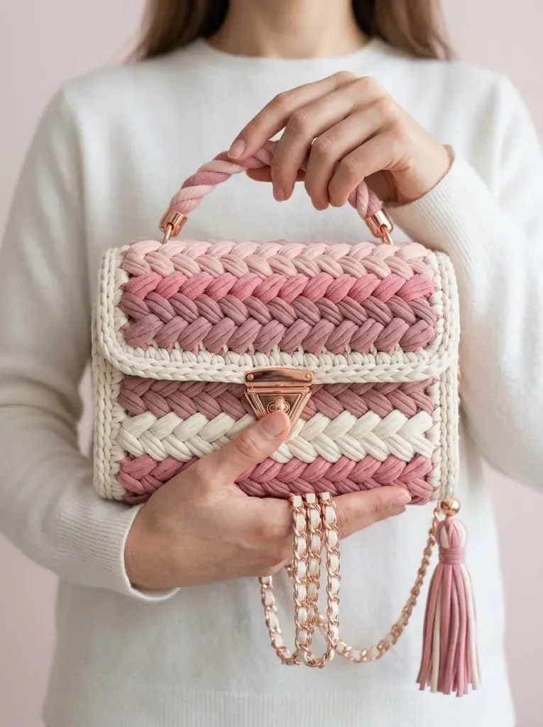 Cherry blossom braided bucket bag in T-shirt yarn — photo 3