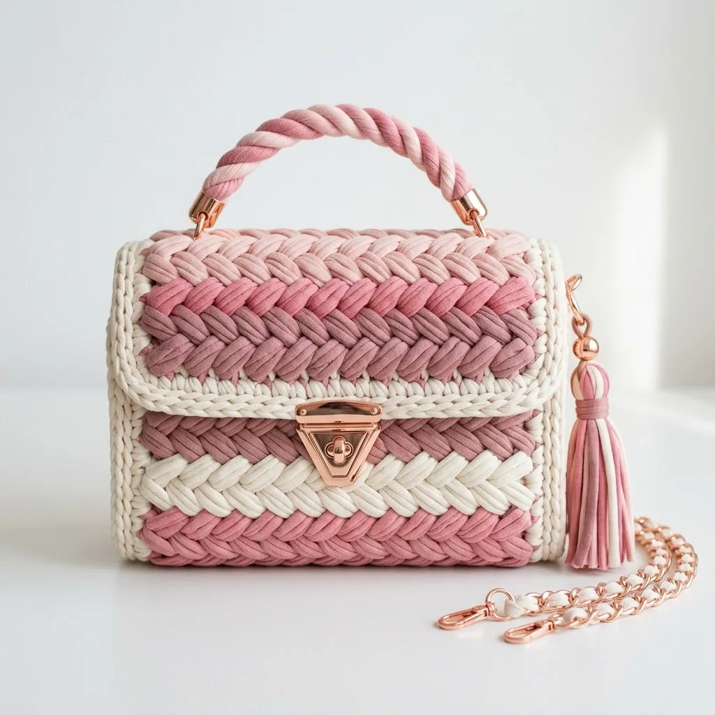 Cherry blossom braided bucket bag in T-shirt yarn