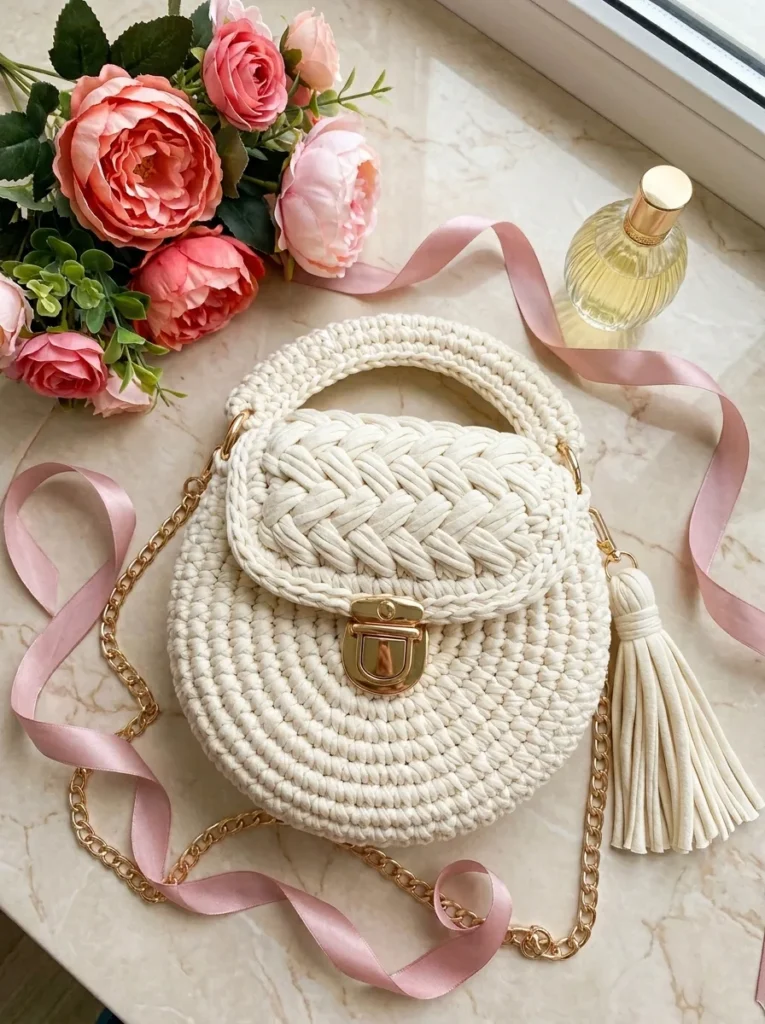 Cream and Gold Round Bag with a Braided Flap