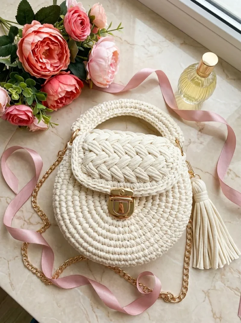 Cream and Gold Round Bag with a Braided Flap — photo 2