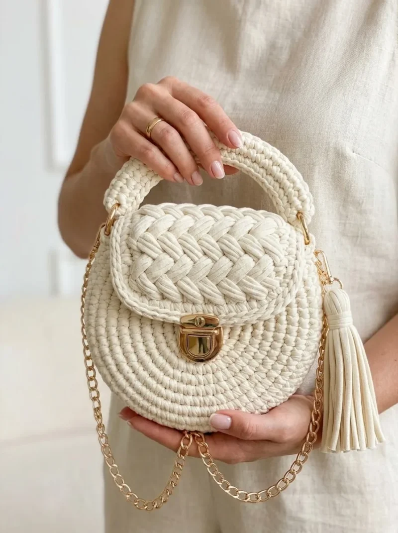 Cream and Gold Round Bag with a Braided Flap — photo 3