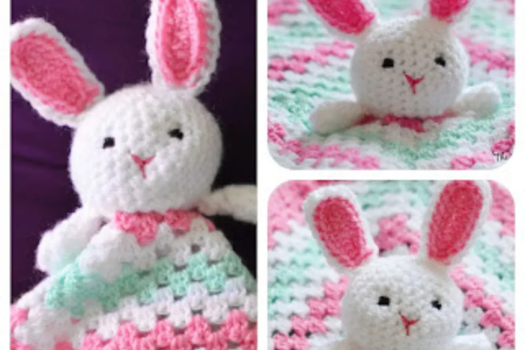 Crochet bunny lovey with an attached security blanket
