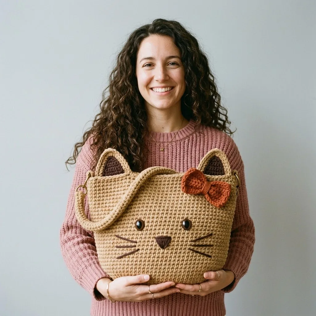 Crochet Kitty Face Tote Bag: Cozy Tan Cat Pattern