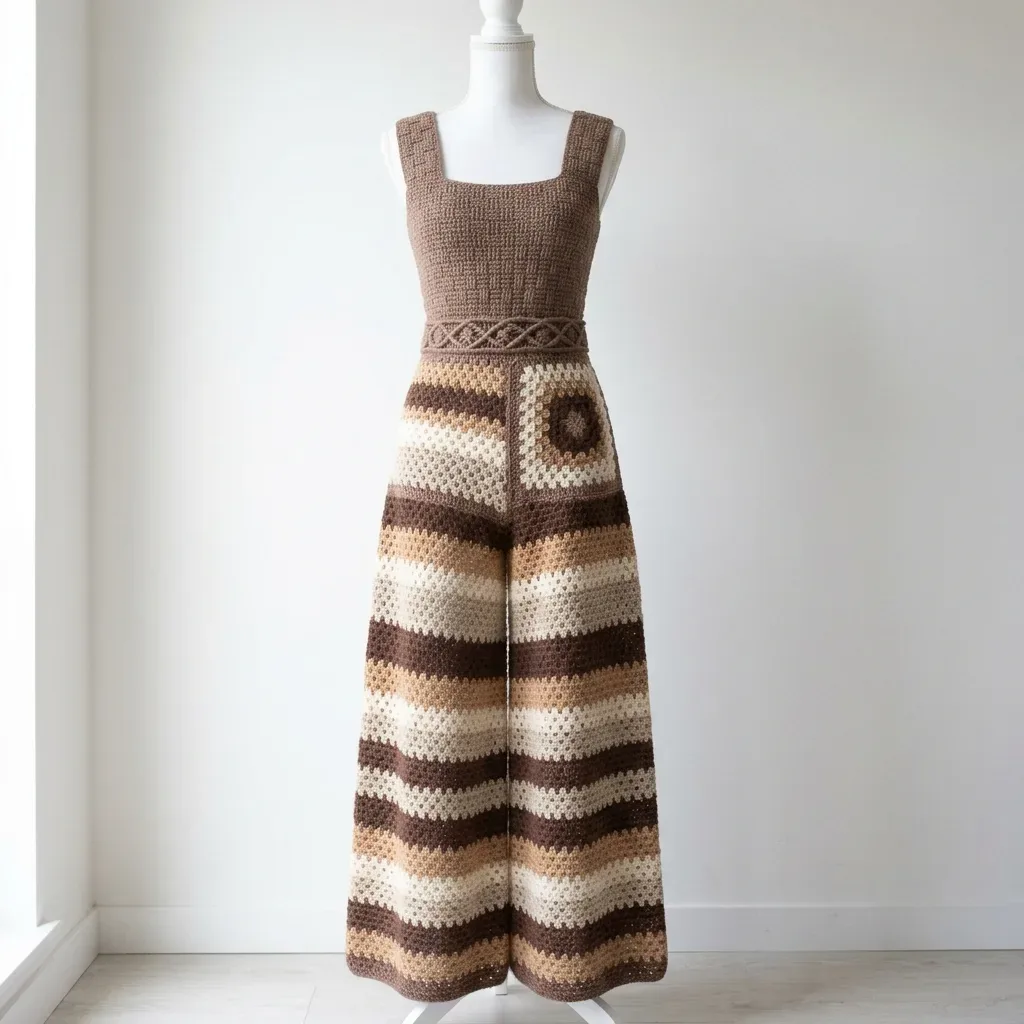 Crochet palazzo jumpsuit in earthy neutral tones