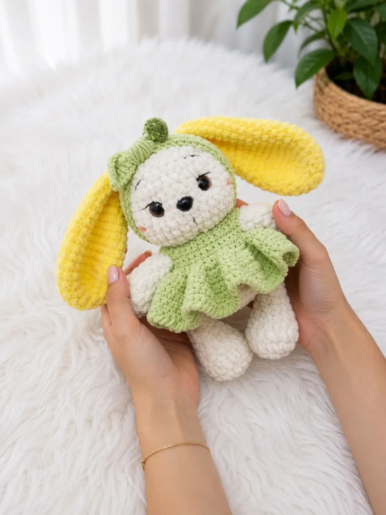 How to crochet a plush bunny with dress and bow