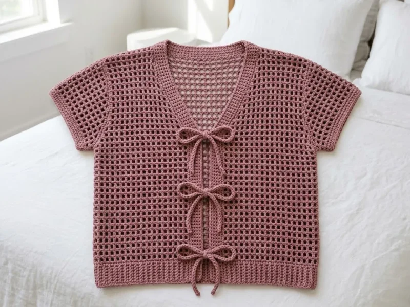 Dusty rose grid stitch cardigan with tie front