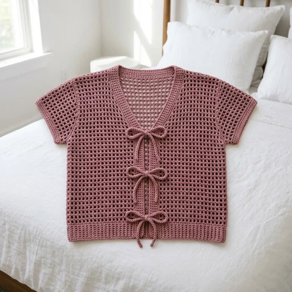 Dusty rose grid stitch cardigan with tie front