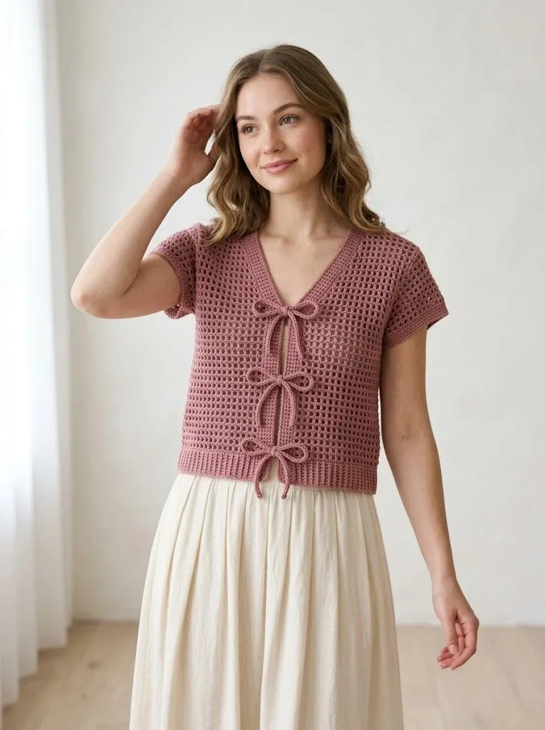 Dusty rose grid stitch cardigan with tie front — photo 3