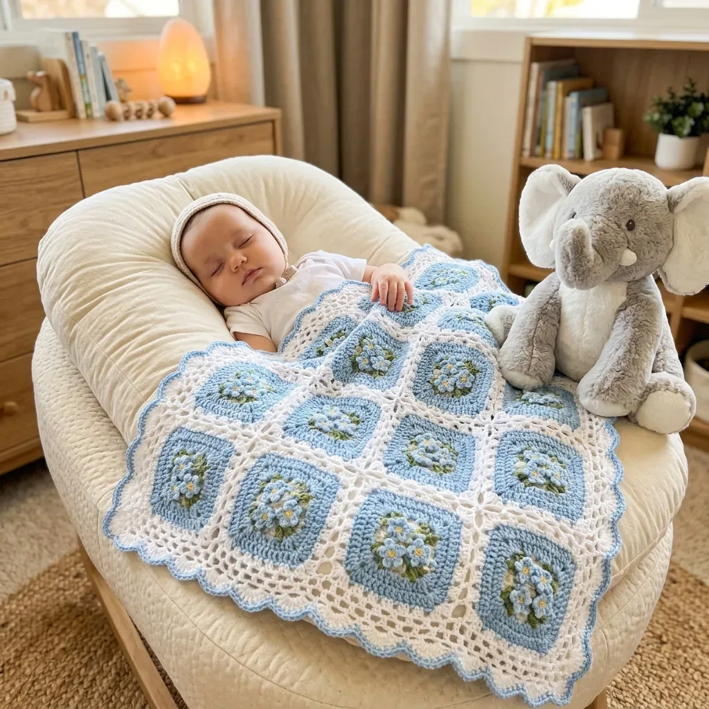 Forget-Me-Not Granny Square Blanket Crochet Pattern