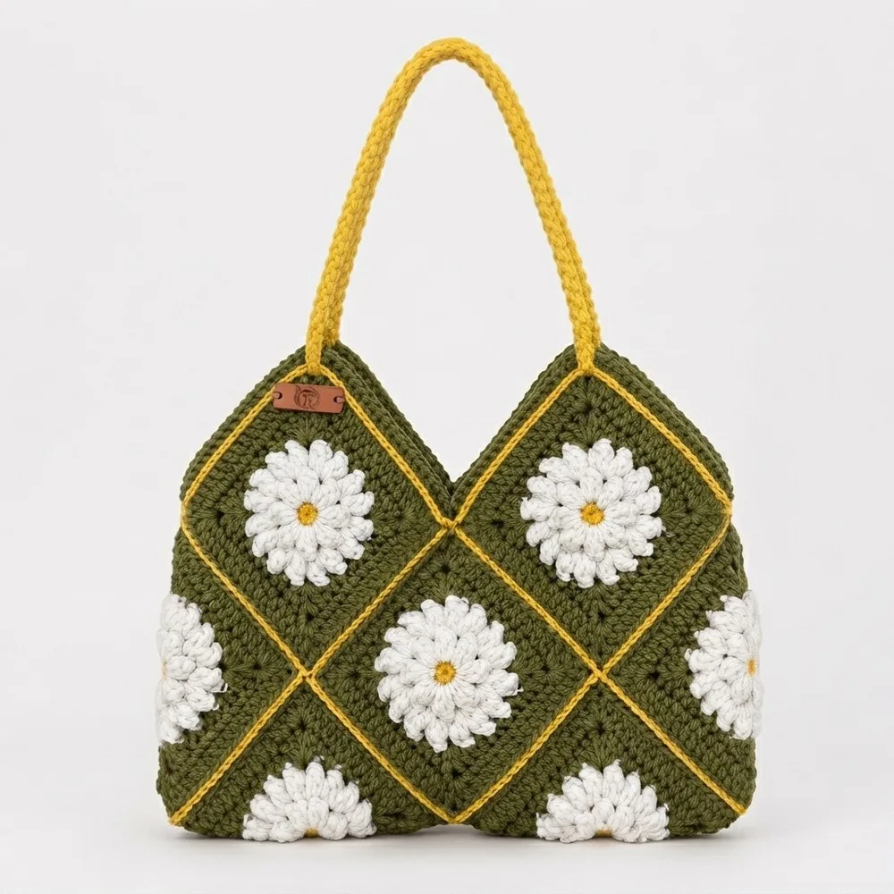 Granny square crochet bag with popcorn stitch detail