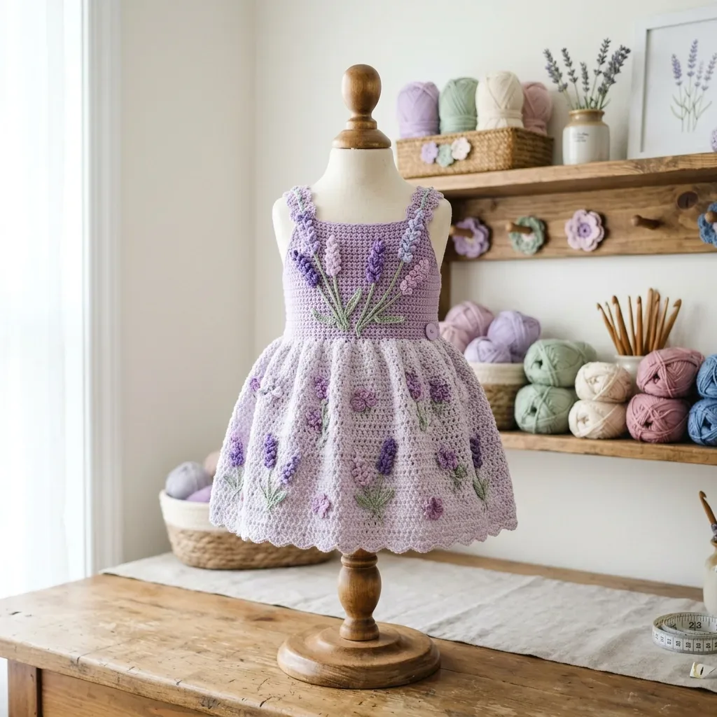 Lavender fields crochet baby dress: floral heirloom pattern