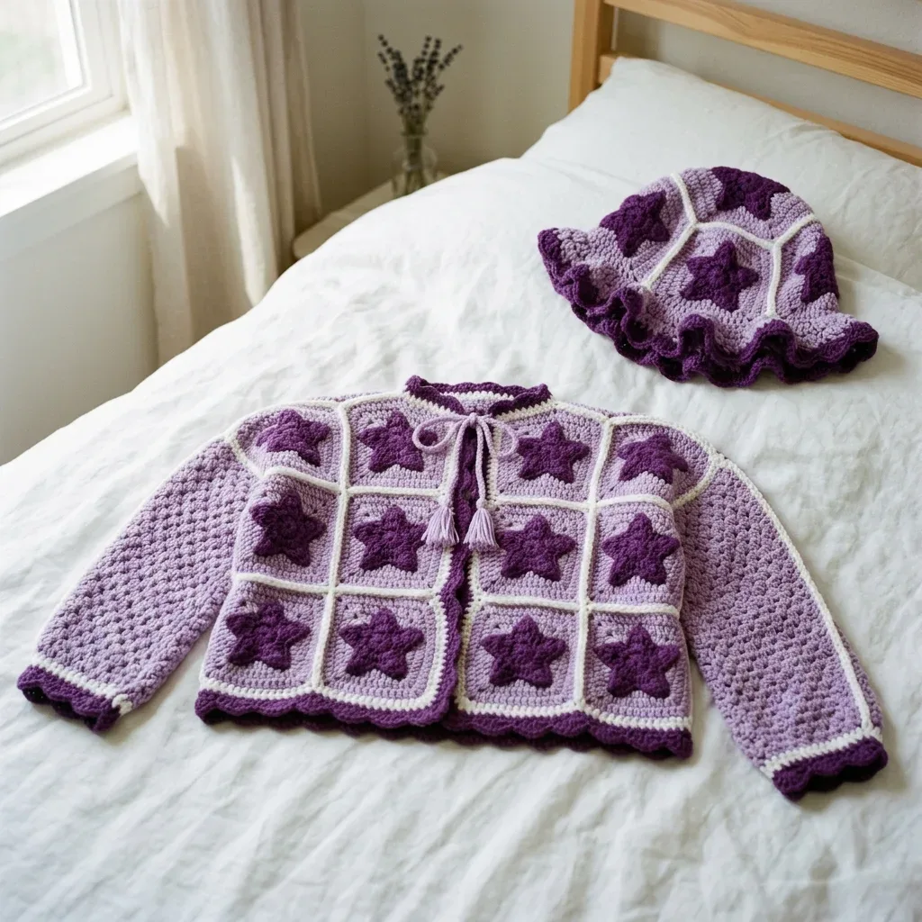 A lavender star granny square cardigan and hat set