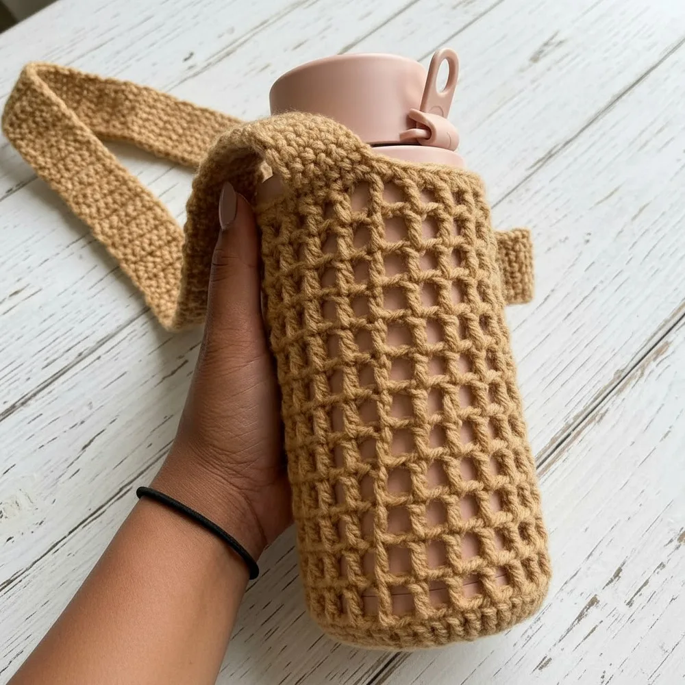 Mesh water bottle holder crochet pattern with strap
