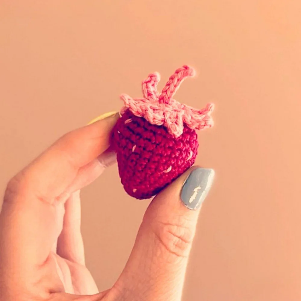 Mini crochet strawberry pattern with leafy stem top