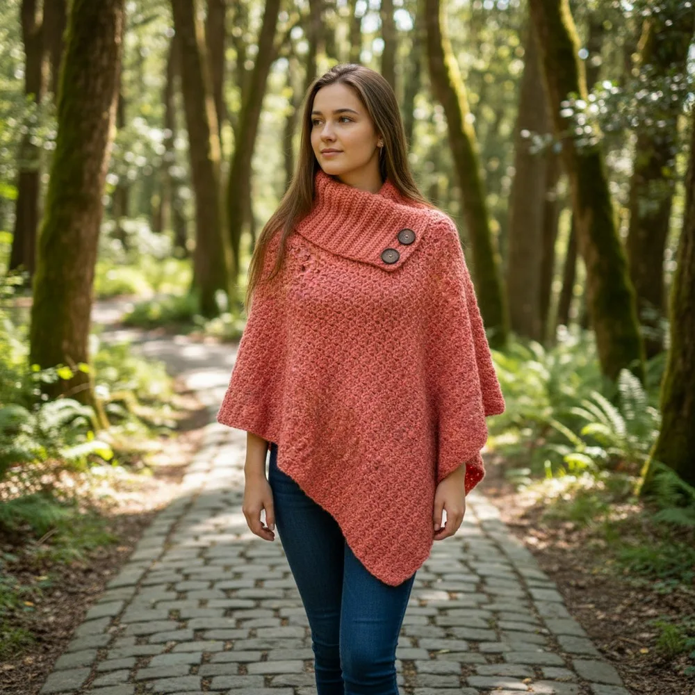 A modern crochet poncho with ribbed collar pattern