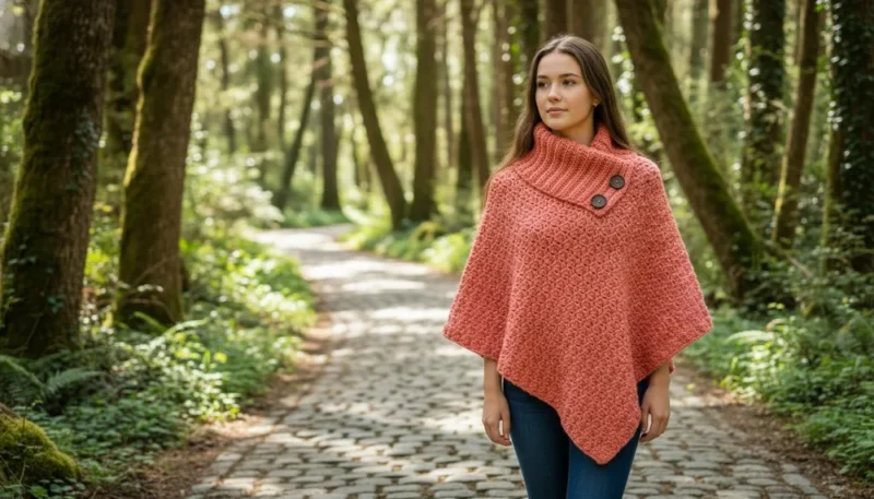 A modern crochet poncho with ribbed collar pattern — photo 2