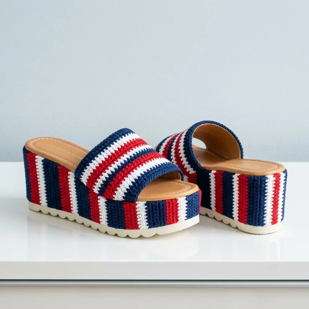 Navy nautical crochet platform wedge sandal straps