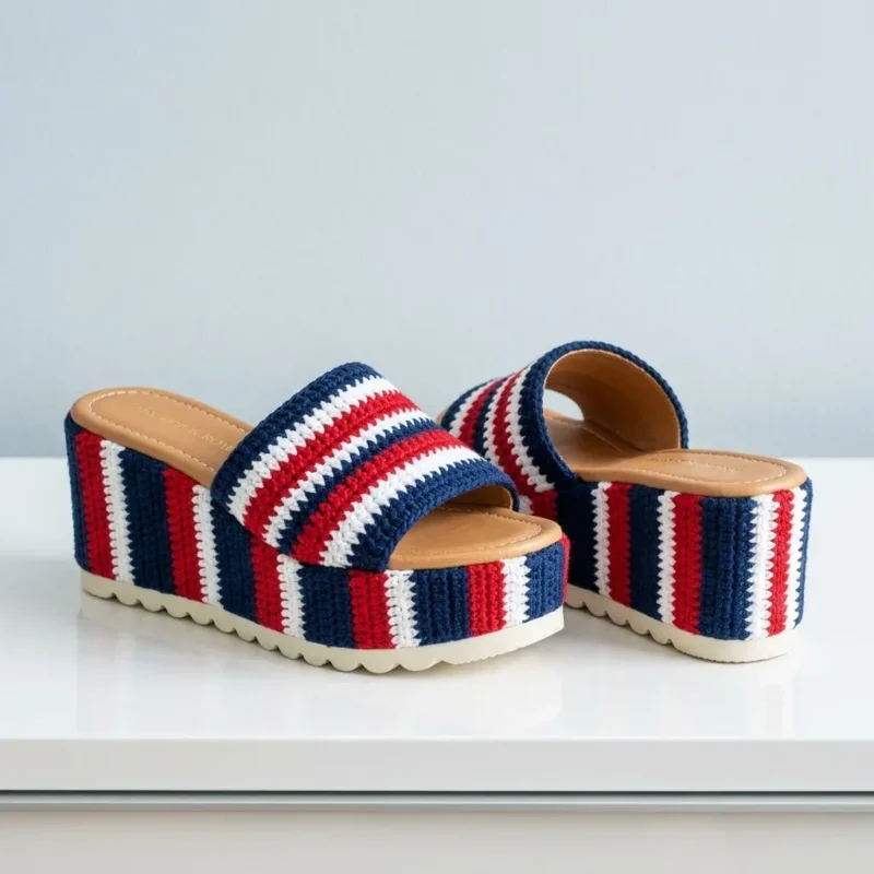 Navy nautical crochet platform wedge sandal straps — photo 2