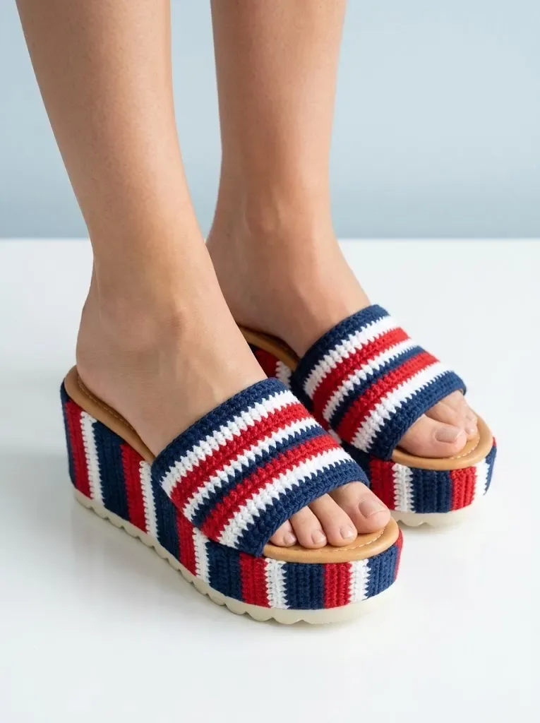 Navy nautical crochet platform wedge sandal straps — photo 3