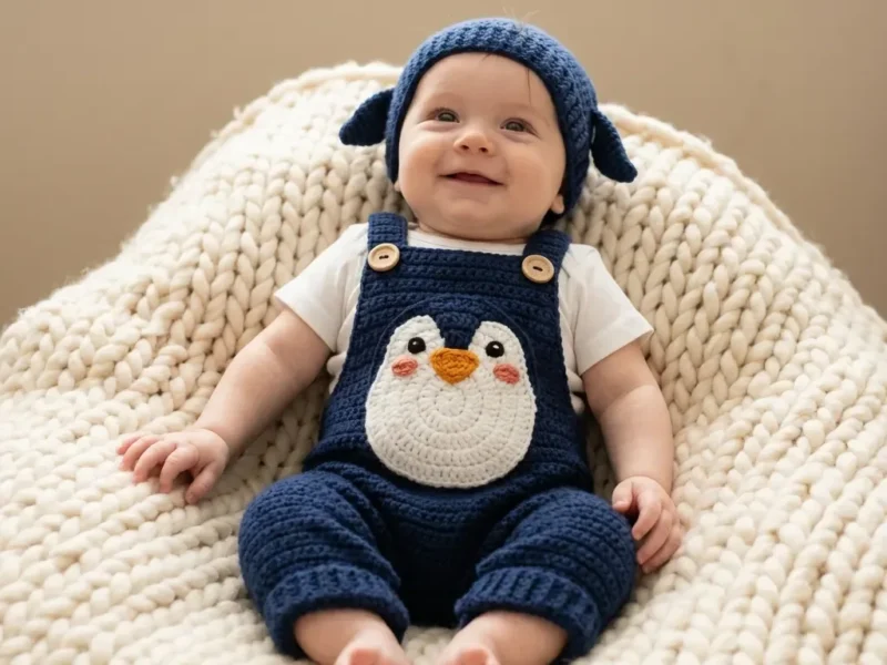 Crochet Penguin Baby Romper: Adorable Navy Bodysuit Pattern
