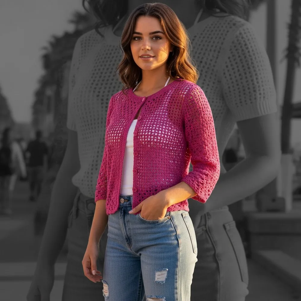 Top-down shell stitch summer jacket with sleeves and buttons