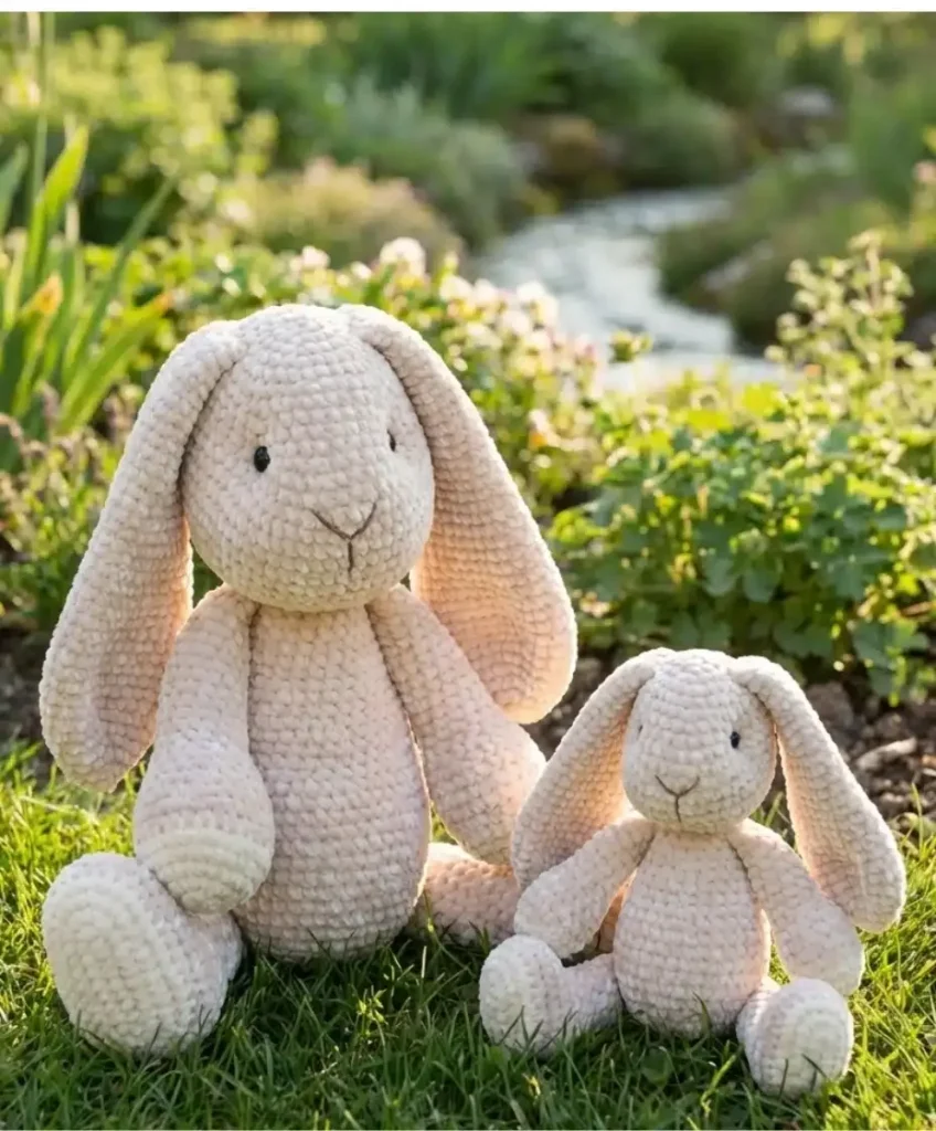 A velvet crochet bunny with shaped eye sockets