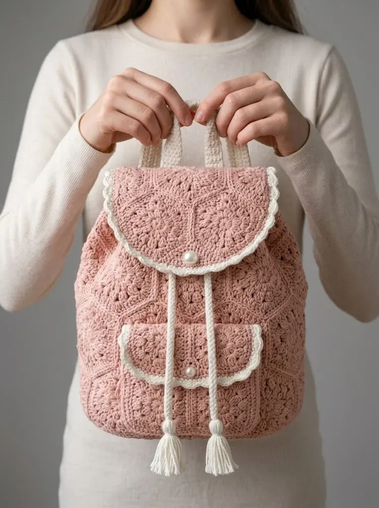 Blush pink granny square backpack crochet pattern — photo 3