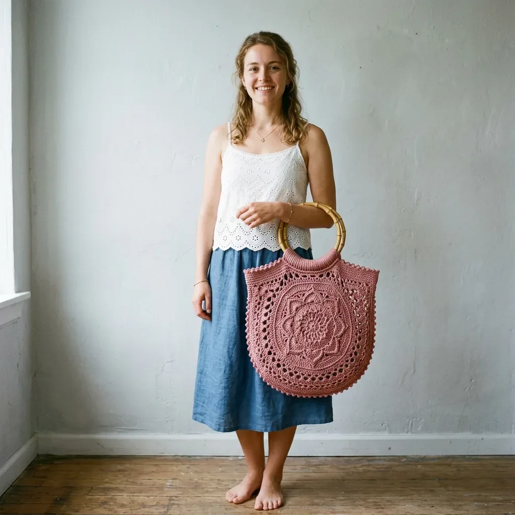 Boho mandala bag with circle bamboo handles