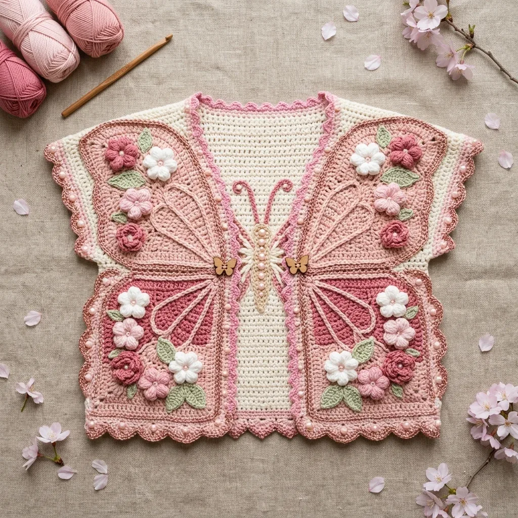 Butterfly Wing Cardigan With Cherry Blossom Appliques