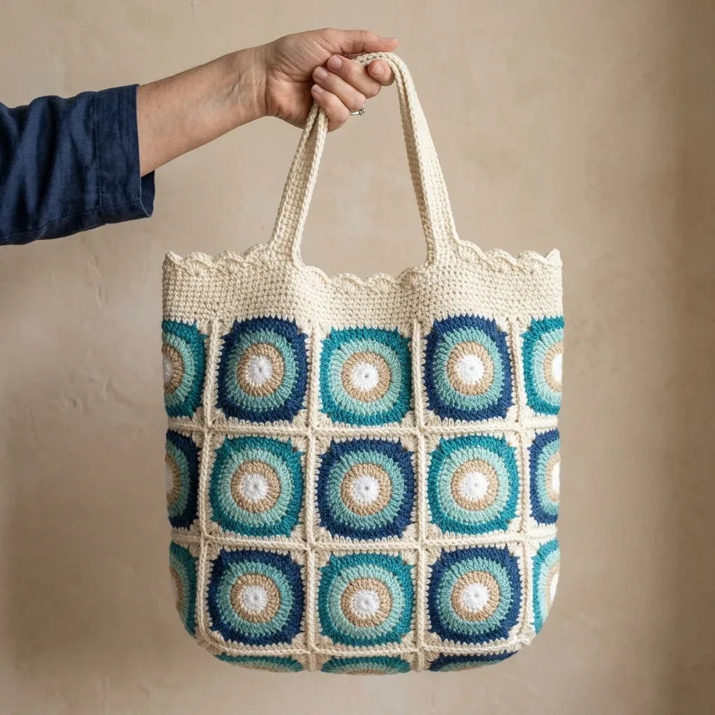A circle-in-square granny tote with a scalloped edge