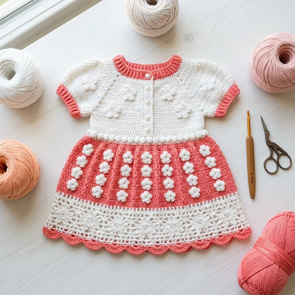 Coral bloom baby dress with daisies and lace trim