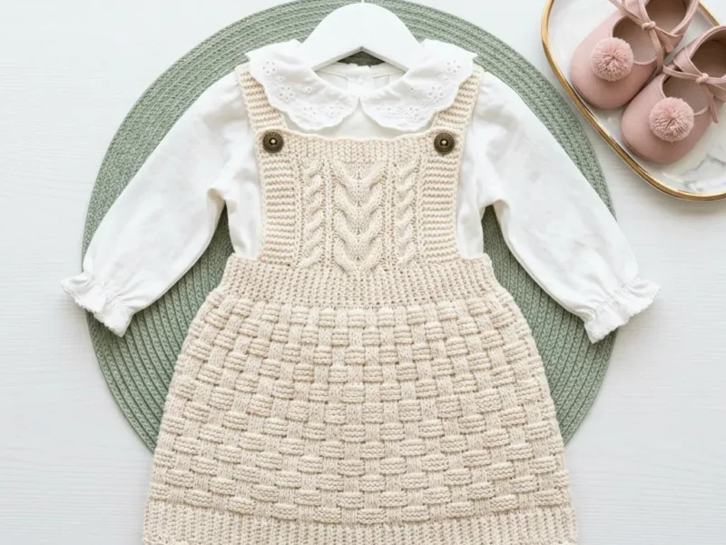 Cable and basket-weave baby pinafore dress pattern