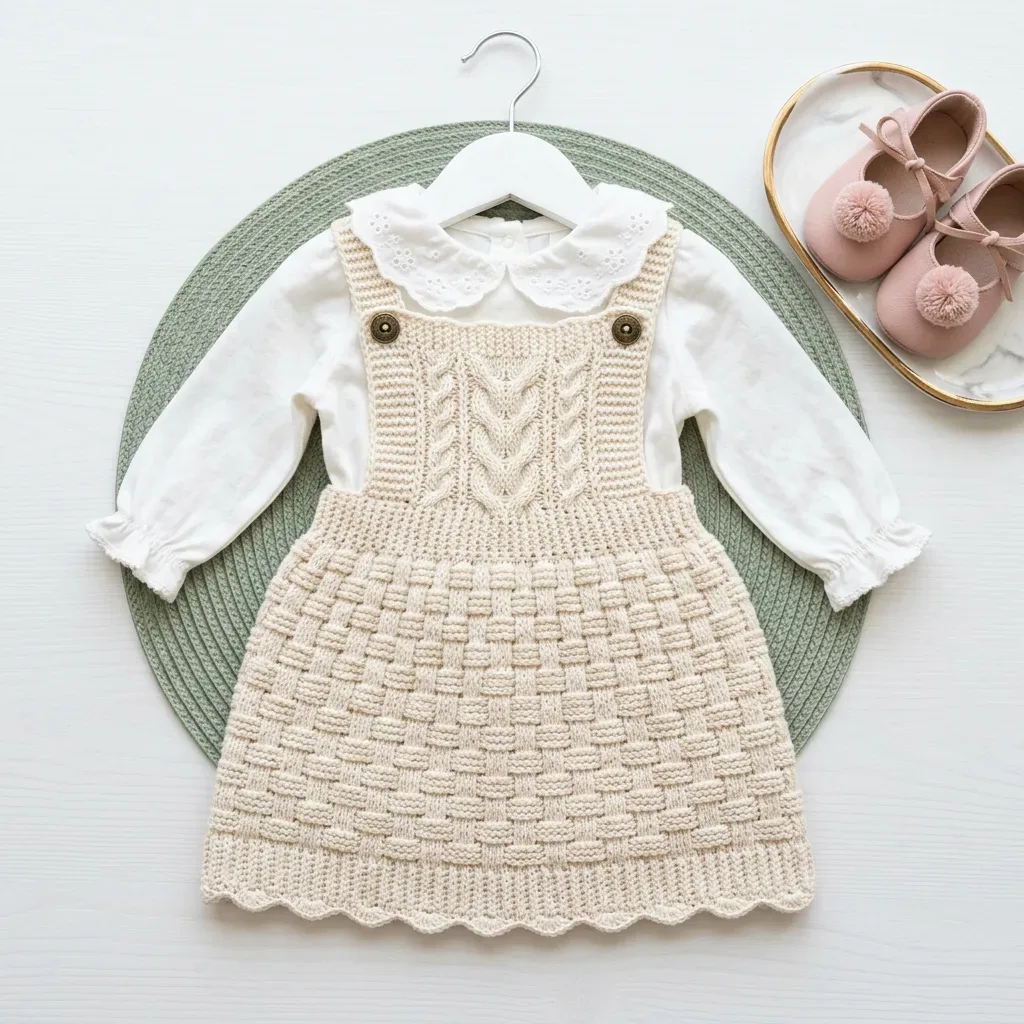 Cable and basket-weave baby pinafore dress pattern