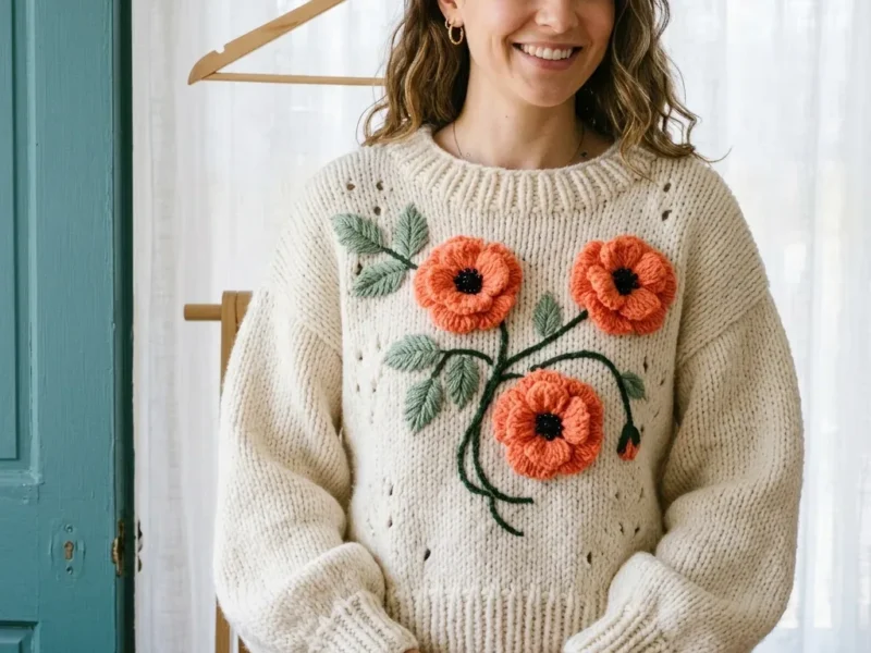 Cream crochet sweater with coral poppy appliqués