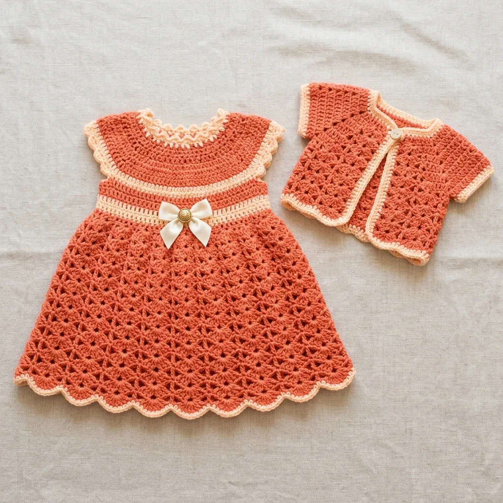 A crochet baby dress with a matching bolero cardigan