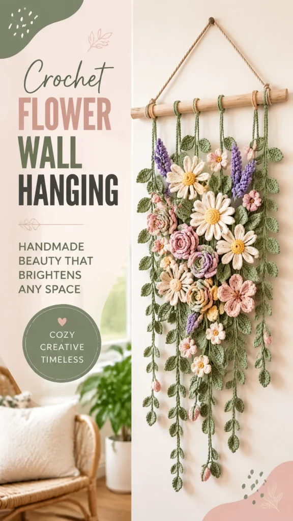 Crochet flower wall hanging with layered petals and leaves