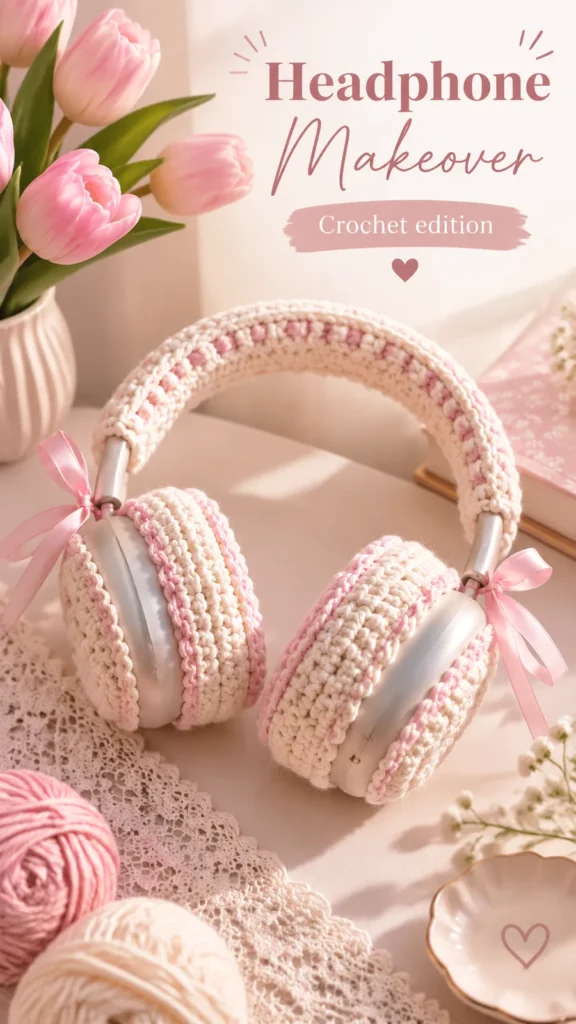 Crochet headphone covers with a soft cream and pink finish