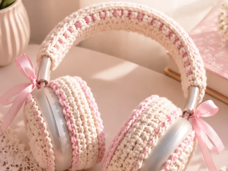 Crochet headphone covers with a soft cream and pink finish