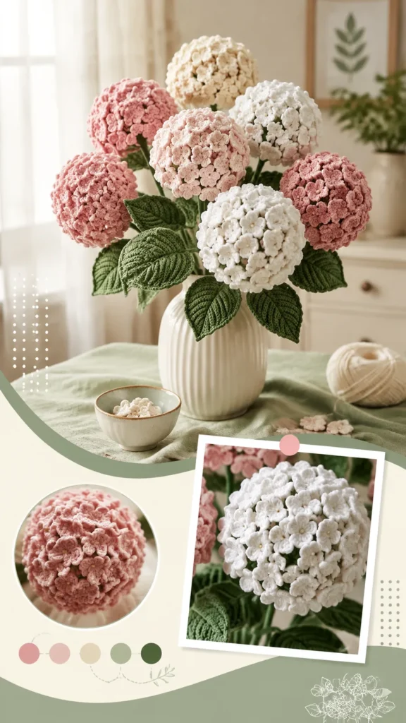 Clustered crochet hydrangea bouquet for home decor