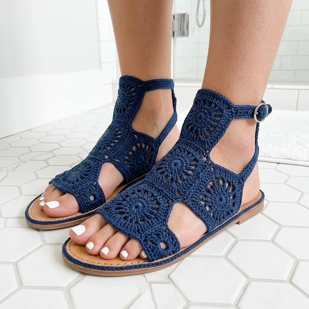 Crochet sandals with nautical motifs and buckle straps