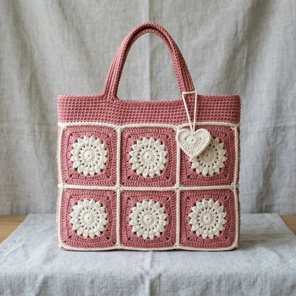 A dusty rose granny square crochet tote with cream edges