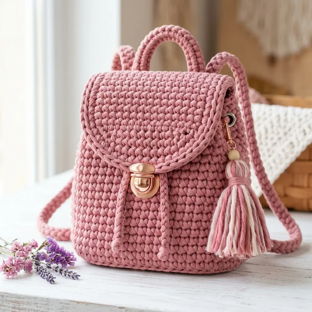 Dusty rose mini backpack with corded flap and braided straps