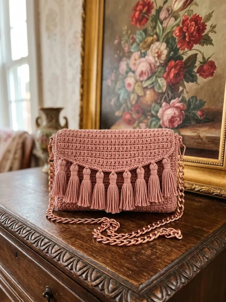 Dusty rose tassel crossbody bag crochet pattern