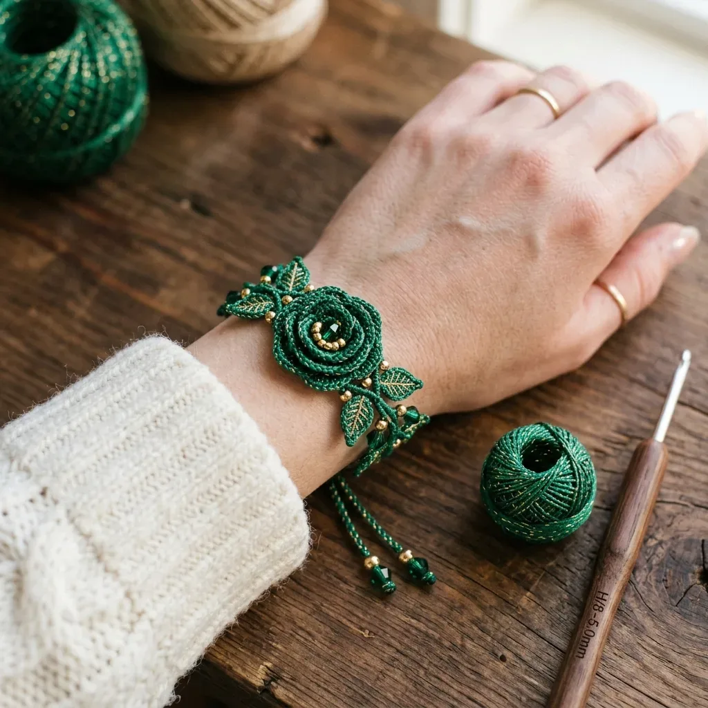 Emerald botanical bracelet with rose and leaves