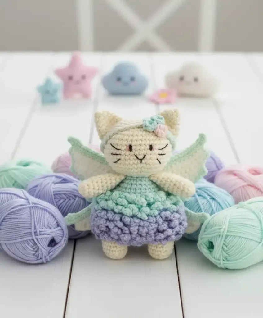 Winged fairy cat amigurumi with flower crown